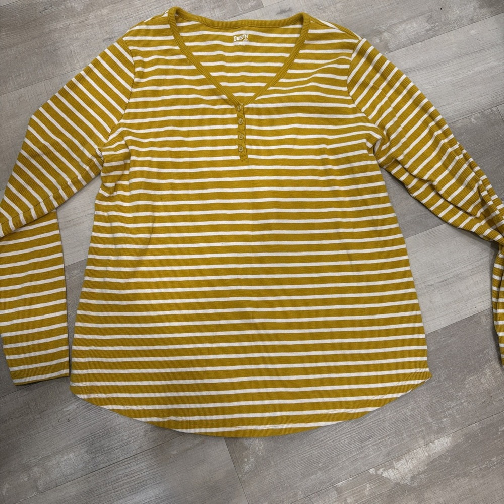 Duluth Trading Co Womens XXL Mustard Yellow White Striped Ribbed Henley Top